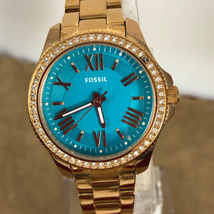 Vintage Fossil Teal Watch Rose Gold Crystal Bezel